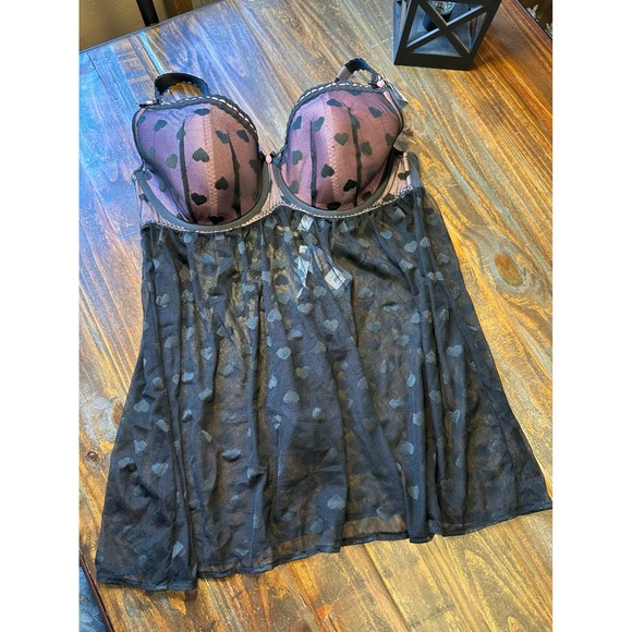 Cacique Seriously Sexy Black Purple Heart Mesh Babydoll Lingerie Set 42DD NWT
